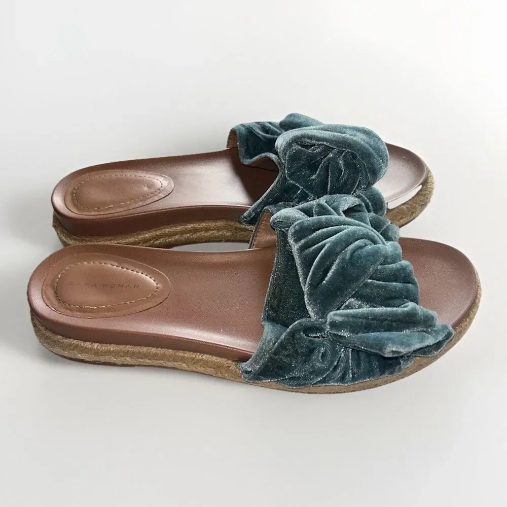Zara Velvet Bow Sandals Slides Espadrilles 39 Blue Teal ‎ Open Toe Boho Classic